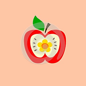 Hand drawn doodle kawaii red apple cut in half with seeds flower green leaf on stem on peachy pink background. Kids room deco