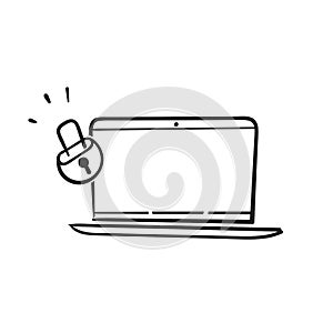 Hand drawn doodle laptop and padlock symbol for data Protection and Security illustration vector