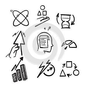 Hand drawn doodle Line Icons Related to Efficiency. Performance, Productive, Multitasking illustration vector