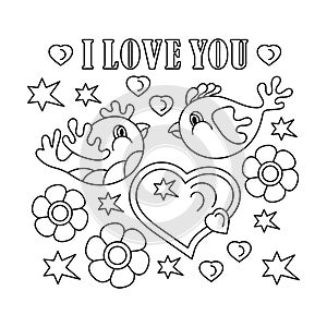 Hand drawn doodle love card. Valentine`s Day design, coloring book page