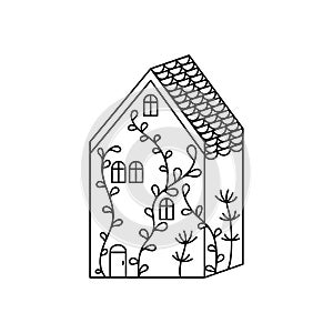 Hand drawn Doodle magic house decorated with floral ornament . Vector illustration of Zen art . Coloring pages for kids or adults