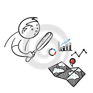 Hand drawn doodle man holding magnifying glass analyze graph and chart illustration