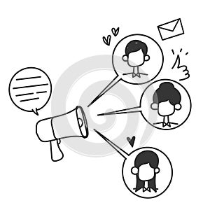 hand drawn doodle megaphone communicate with target audience illustration vector