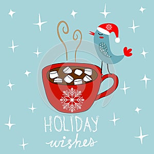 Hand Drawn Doodle Merry Christmas Card. Red Mug with Hot Chocolate Cocoa Marshmallows Kawaii Bird in Santa Claus Hat