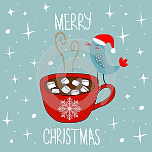 Hand Drawn Doodle Merry Christmas Card. Red Mug with Hot Chocolate Cocoa Marshmallows Kawaii Bird in Santa Claus Hat. White Stars