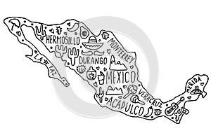 Hand drawn doodle Mexico map. Mexican city names lettering and cartoon landmarks