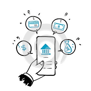 Hand drawn doodle mobile banking concept illustration vector isolated