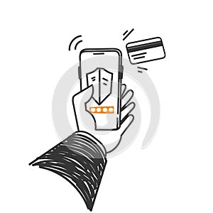 hand drawn doodle mobile phone card shield and password illustration