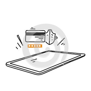 hand drawn doodle mobile phone card shield and password illustration