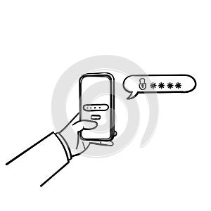 Hand drawn doodle mobile phone Password protected icon illustration vector