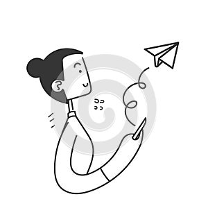 hand drawn doodle mobile phone send flying paper plane illustration