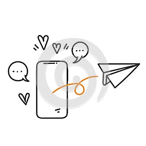 hand drawn doodle mobile phone send flying paper plane illustration