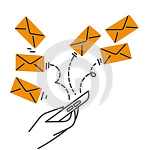 hand drawn doodle mobile phone sends a lot of envelope letters symbol for email marketing illustration