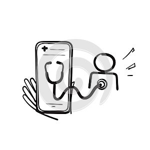 Hand drawn doodle mobile and stethoscope symbol for online doctor illustration vector