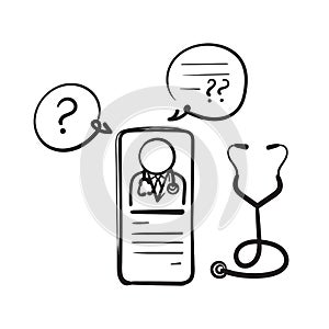 Hand drawn doodle mobile and stethoscope symbol for online doctor illustration vector