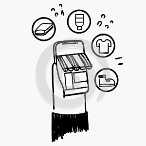 hand drawn doodle mobile store shopping illustration vector