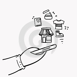 hand drawn doodle mobile store shopping illustration vector