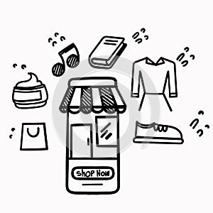 hand drawn doodle mobile store shopping illustration vector