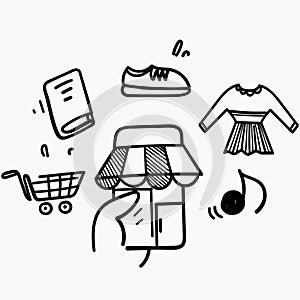 hand drawn doodle mobile store shopping illustration vector