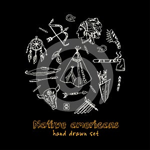 Hand drawn doodle native americans set.