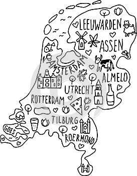 Hand drawn doodle Netherland map. Holland city names lettering and cartoon landmarks, tourist attractions cliparts. travel, trip