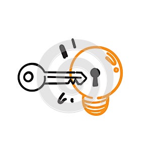 hand drawn doodle open light bulb with key symbol for key idea illustration vector