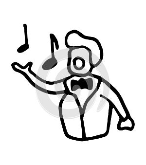 Hand drawn doodle opera singer, man singing wearing black and white tuxedo, stick figure