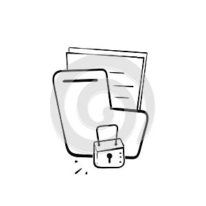 Hand drawn doodle and padlock symbol for data protection and security illustration icon