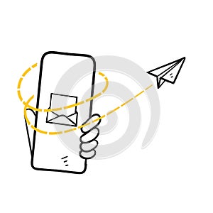 Hand drawn doodle paper plane and mail concept for email marketing illustration vector isolated