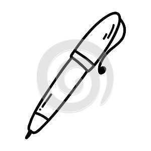 Hand drawn doodle of pen icon. Vector sketch illustration of black outline writing school supplies, office stationery