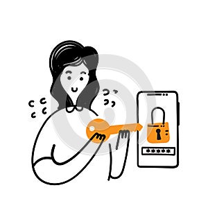 hand drawn doodle person Open the locked device screen with the key