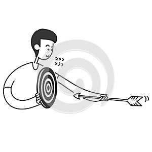hand drawn doodle person put arrow on dartboard illustration vector