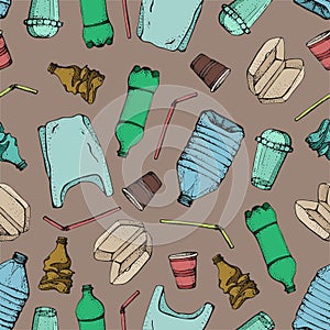 Hand drawn doodle plastic pollution seamless pattern. Vector illustration sketchy symbols collection. Bag, Bottle