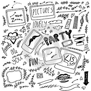 Hand drawn doodle polaroid party items