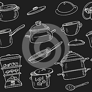 Hand drawn doodle pots steamers seamless pattern