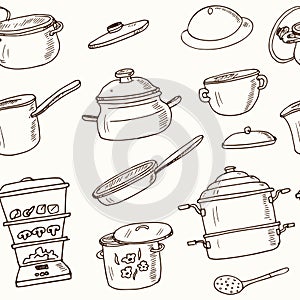 Hand drawn doodle pots steamers seamless pattern