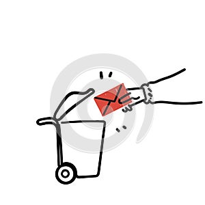 hand drawn doodle put letter in to dustbin symbol for deleting email icon