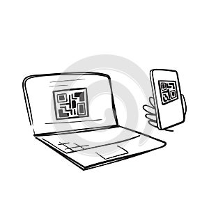 Hand drawn doodle QR code scanning icon in smartphone illustration