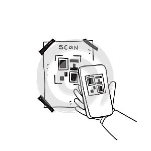 Hand drawn doodle QR code scanning icon in smartphone illustration