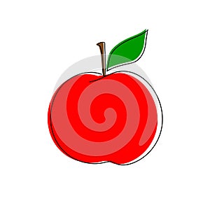 Hand drawn doodle red juicy apple on stem with green leaf with offset color fill in retro style. Healthy diet autumn fruits