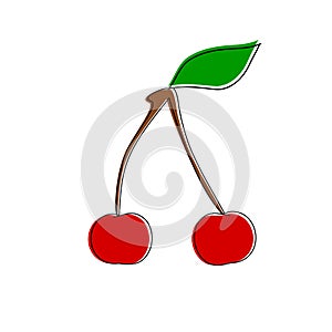 Hand drawn doodle red ripe cherries on stem with green leaf with offset color fill in retro style. Healthy diet summer berries