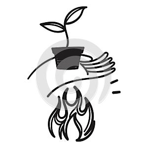 hand drawn doodle save the tree from the fire illustration