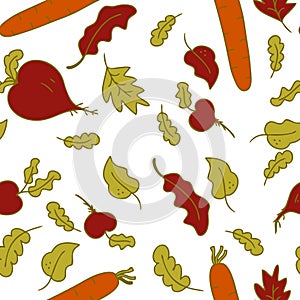 Hand drawn doodle seamless pattern in bright summer colors, vegetables beets and carrots and leaves. Cartoon style. Design for T-