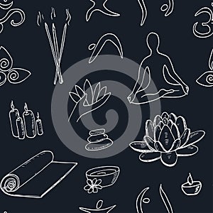 Hand drawn doodle seamless pattern yoga symbols, icons and asanas. Vector illustration for your design