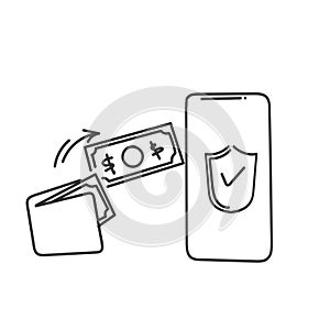 hand drawn doodle secure mobile payment illustration vector