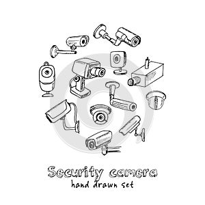 Hand drawn doodle security cameras set.