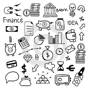 Hand drawn doodle set with business symbols. Vector finance icons isolated elements on white