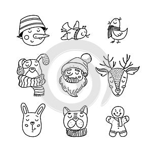 Hand drawn, doodle set of Christmas characters