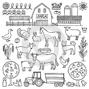 Hand drawn doodle set with farm