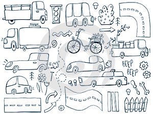 Hand drawn doodle set with funny cars, bus, roads, vector illustration